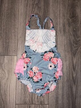 Striped Floral Baby Girl Romper with Lace